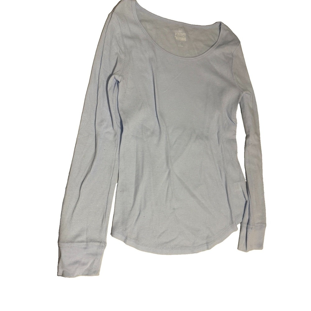 SO Women's L Blue Thermal Waffle Knit Scoop Neck Long Sleeve Pullover Top